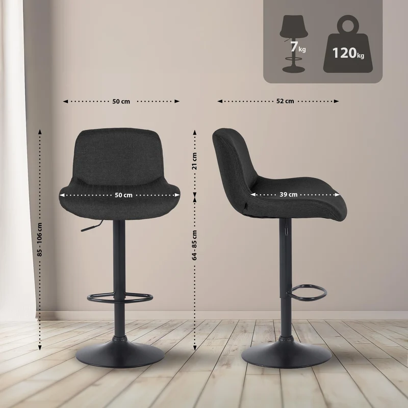 Tabouret de bar x1 réglable en hauteur et rotatif repose-pieds en tissu noir cadre en métal noir 10_0005750