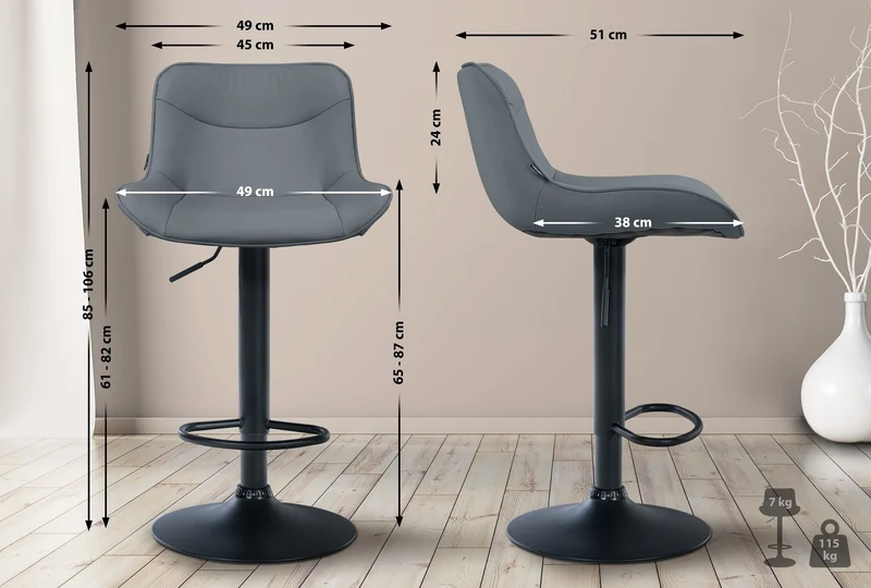 Tabouret de bar x1 pivotant forme ergonomique surpiqûres décoratives en PVC gris cadre en métal noir 10_0006580