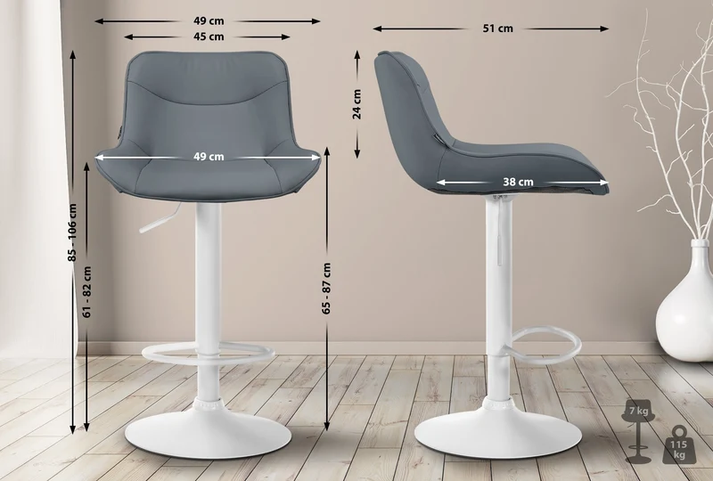Tabouret de bar x1 pivotant forme ergonomique surpiqûres décoratives en PVC gris cadre en métal blanc 10_0006579