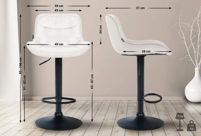 Lot de 2 tabourets de bar pivotant forme ergonomique surpiqûres décoratives en velours crème cadre en métal noir 10_0006036