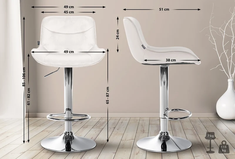 Lot de 2 tabourets de bar pivotant forme ergonomique surpiqûres décoratives en velours crème cadre en métal chromé 10_0006035
