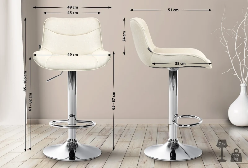Lot de 2 tabourets de bar pivotant forme ergonomique surpiqûres décoratives en tissu crème cadre en métal chromé 10_0006006