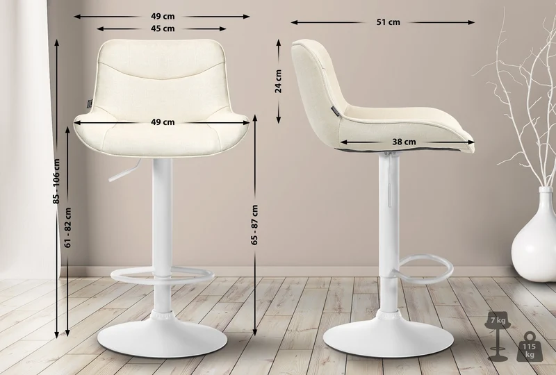Lot de 2 tabourets de bar pivotant forme ergonomique surpiqûres décoratives en tissu crème cadre en métal blanc 10_0006004