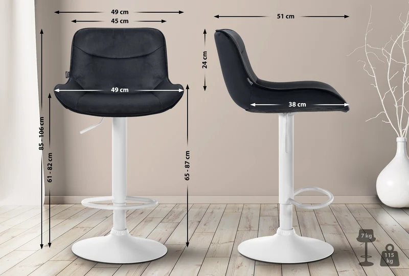 Tabouret de bar x1 pivotant forme ergonomique surpiqûres décoratives en velours noir cadre en métal blanc 10_0005971