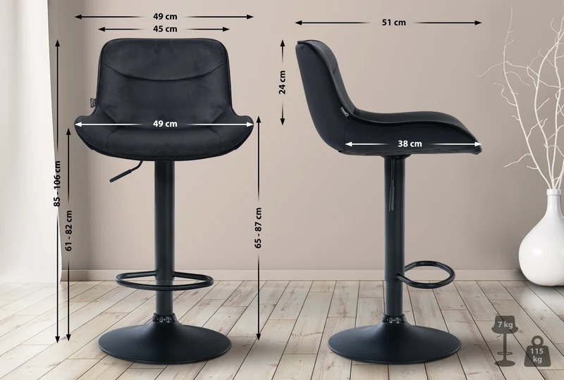 Tabouret de bar x1 pivotant forme ergonomique surpiqûres décoratives en velours noir cadre en métal noir 10_0005970