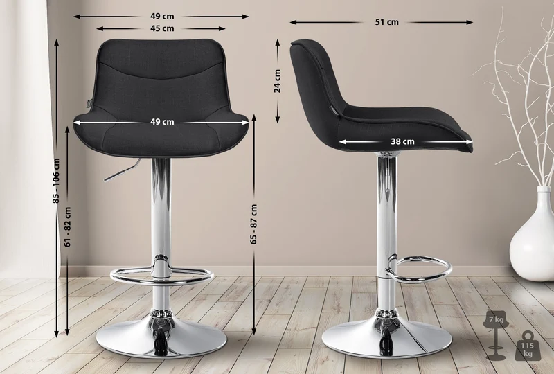 Tabouret de bar x1 pivotant forme ergonomique surpiqûres décoratives en tissu noir cadre en métal chromé 10_0005914