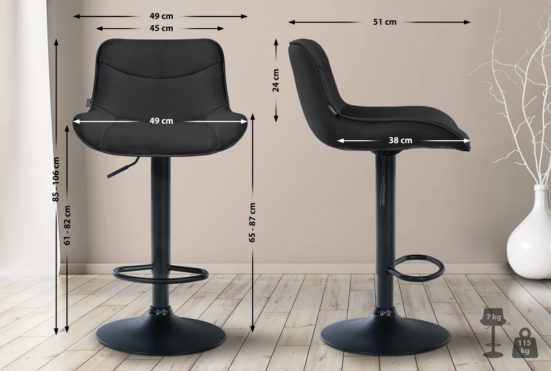 Tabouret de bar x1 pivotant forme ergonomique surpiqûres décoratives en tissu noir cadre en métal noir 10_0005913