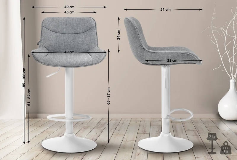 Tabouret de bar x1 pivotant forme ergonomique surpiqûres décoratives en tissu gris cadre en métal blanc 10_0005844