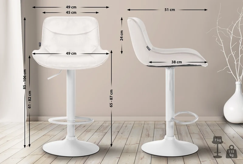 Tabouret de bar x1 pivotant forme ergonomique surpiqûres décoratives en velours crème cadre en métal blanc 10_0005772