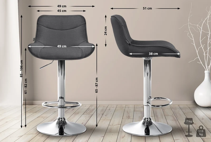 Tabouret de bar x1 pivotant forme ergonomique surpiqûres décoratives en tissu gris foncé cadre en métal chromé 10_0005771