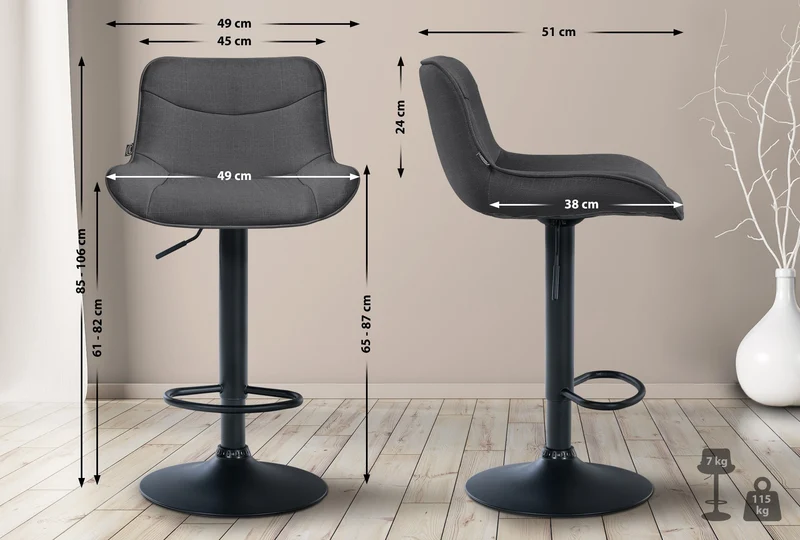 Tabouret de bar x1 pivotant forme ergonomique surpiqûres décoratives en tissu gris foncé cadre en métal noir 10_0005767