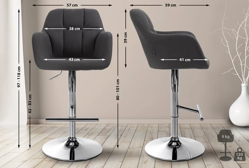 Tabouret de bar chaise haute x1 fonction rotation 360° en tissu noir avec coutures décoratives piètement métal chromé 10_0005276