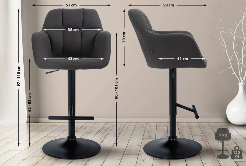 Tabouret de bar chaise haute x1 fonction rotation 360° en tissu noir avec coutures décoratives piètement métal noir 10_0005281