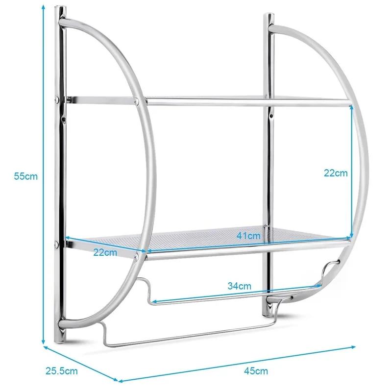 Etagère murale etagère de rangement en métal chromé 45 x 25 5 x 55cm avec 2 tablettes et 2 barres 20_0000602