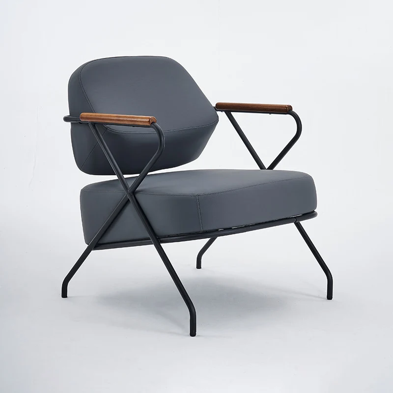 Contemporary Scandinavian Square Metal Artificial Leather Ash Wood Accent Chair Backrest Armrest For Living Room