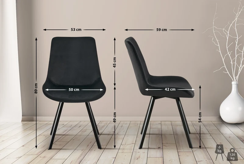 Chaise de salle à manger x1 pivotant à 360 degrés en velours noir cadre en métal noir 10_0007207