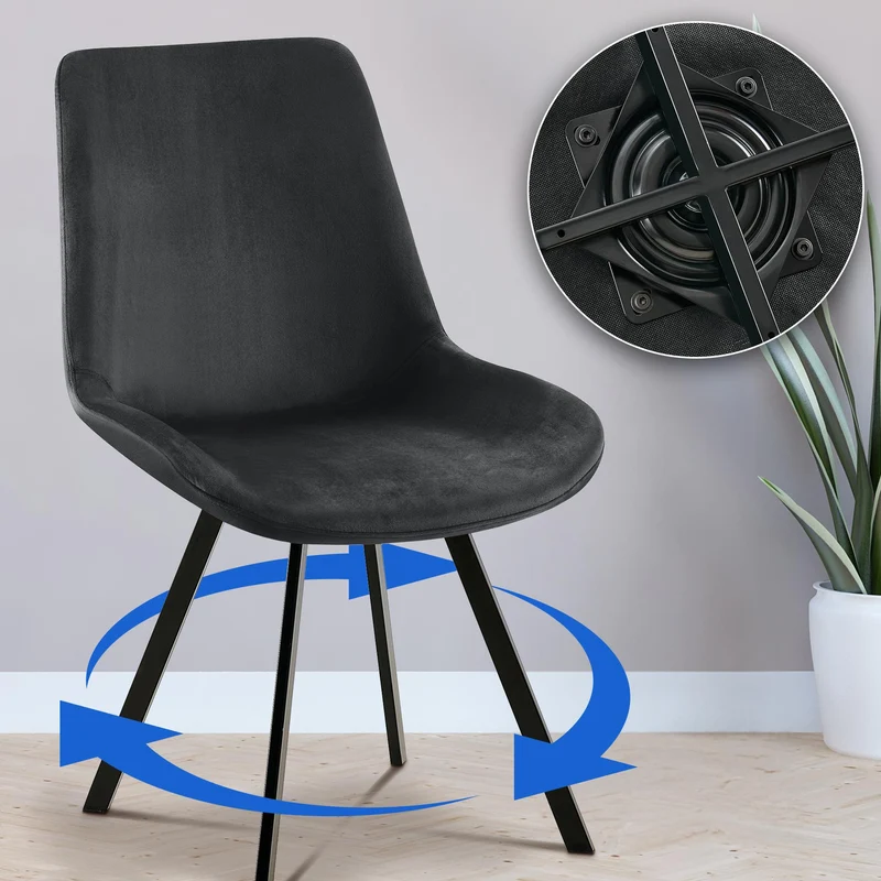 Chaise de salle à manger x1 pivotant à 360 degrés en velours noir cadre en métal noir 10_0007207