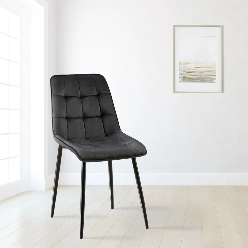 Chaise de salle à manger x1 coutures décoratives carrées en velours noir cadre métal noir 10_0007204