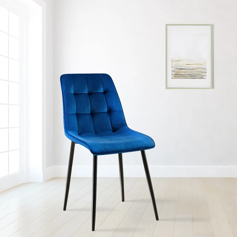 Chaise de salle à manger x1 coutures décoratives carrées en velours bleu foncé cadre métal noir 10_0007203