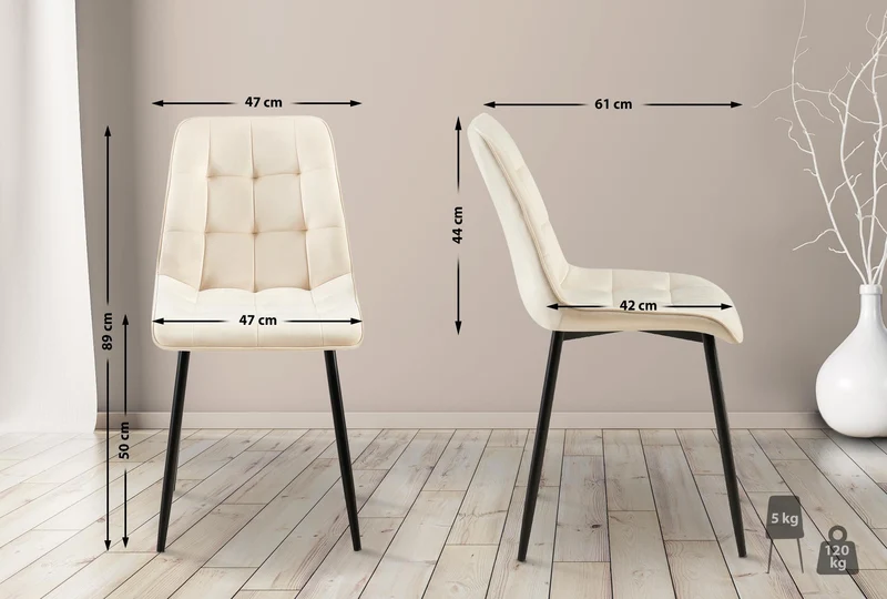 Chaise de salle à manger x1 coutures décoratives carrées en velours crème cadre métal noir 10_0007199