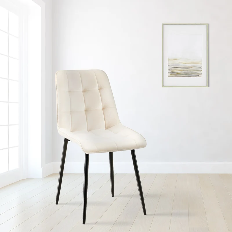 Chaise de salle à manger x1 coutures décoratives carrées en velours crème cadre métal noir 10_0007199