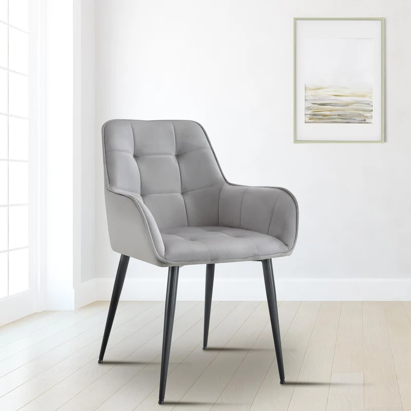 Chaise de salle à manger x1 avec accoudoirs en velours gris clair capitonné cadre métal noir 10_0007198