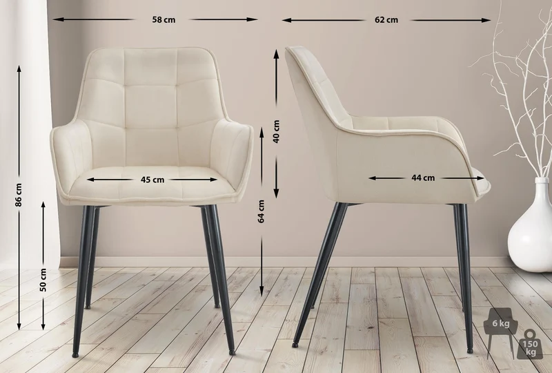 Chaise de salle à manger x1 avec accoudoirs en velours crème capitonné cadre métal noir 10_0007197