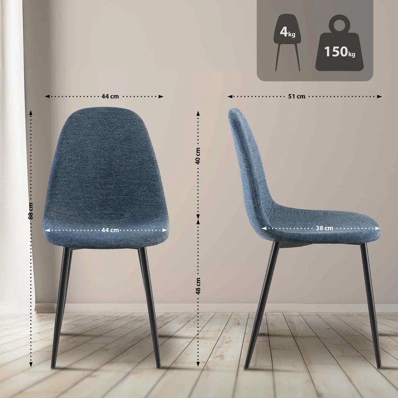 Chaise de salle à manger x1 confort rembourré & design moderne en tissu bleu foncé cadre en métal noir 10_0007169