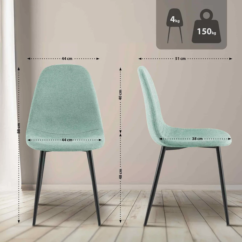 Chaise de salle à manger x1 confort rembourré & design moderne en tissu vert clair cadre en métal noir 10_0007168