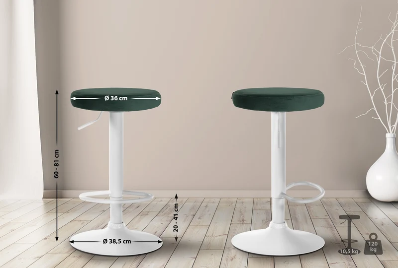 Tabouret de bar x1 design simple hauteur réglable revêtement en velours vert pieds en métal blanc 10_0005358