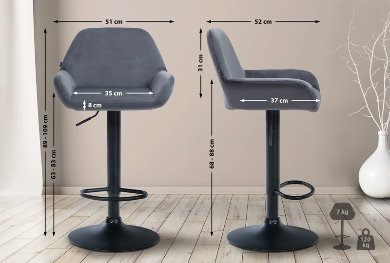 Lot de 2 tabourets de bar repose-pieds en forme d'arc en métal noir assise en velours gris foncé 10_0004034