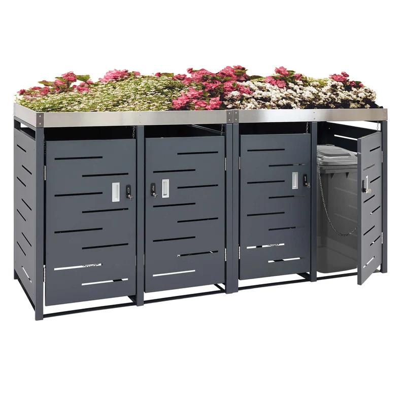 Abris poubelles 4 compartiments bacs à plantes verrouillable acier inoxydable-métal 110x230x62 cm 04_0008244