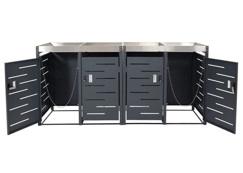 Abris poubelles 4 compartiments bacs à plantes verrouillable acier inoxydable-métal 110x230x62 cm 04_0008244