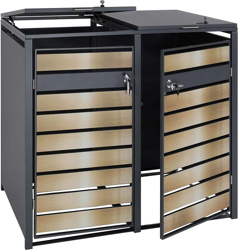 Abri de poubelle en métal pour deux poubelles de 80 à 240 litres anthracite aspect bois d hêtre doré MDJ04175