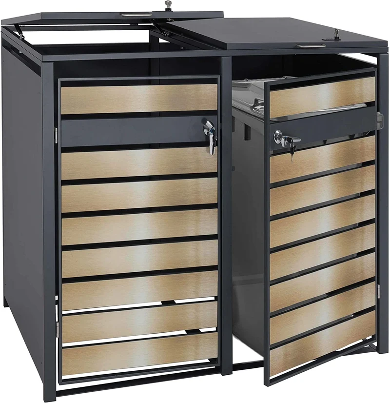 Abri de poubelle en métal pour deux poubelles de 80 à 240 litres anthracite aspect bois d hêtre doré MDJ04175