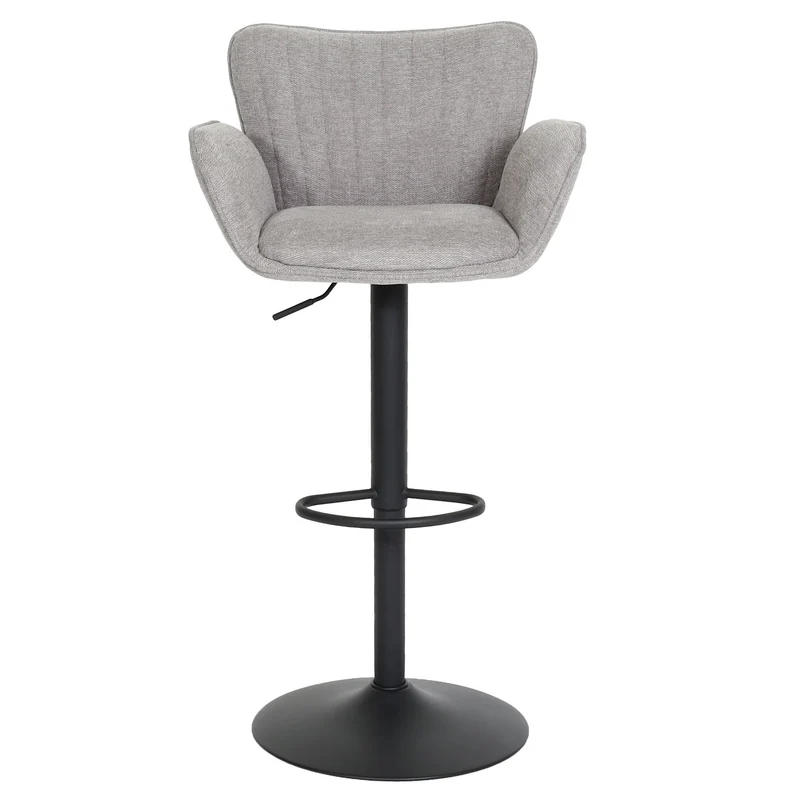 Tabouret de bar x1 pivotant avec accoudoirs et repose-pieds – tissu gris clair – pieds métal noirs 04_0008589