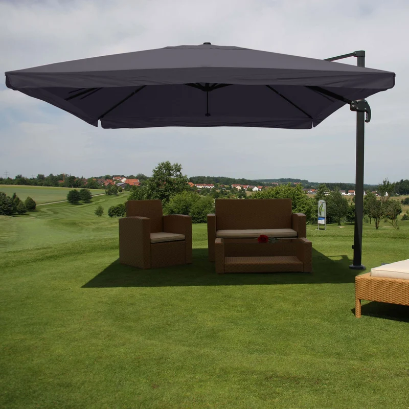 Parasol déporté 3×4 m (5 m) – Toile polyester anthracite – Structure aluminium/acier – Sans pied – Volant (flap) 04_0007957