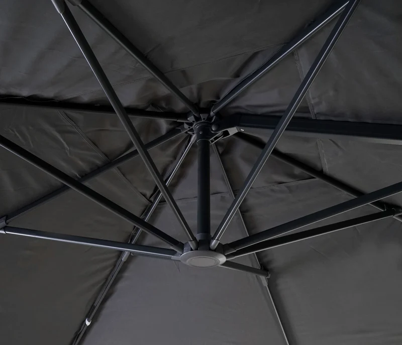 Parasol déporté 3×4 m (5 m) – Toile polyester anthracite – Structure aluminium/acier – Avec pied rotatif – Volant (flap) 04_0007955