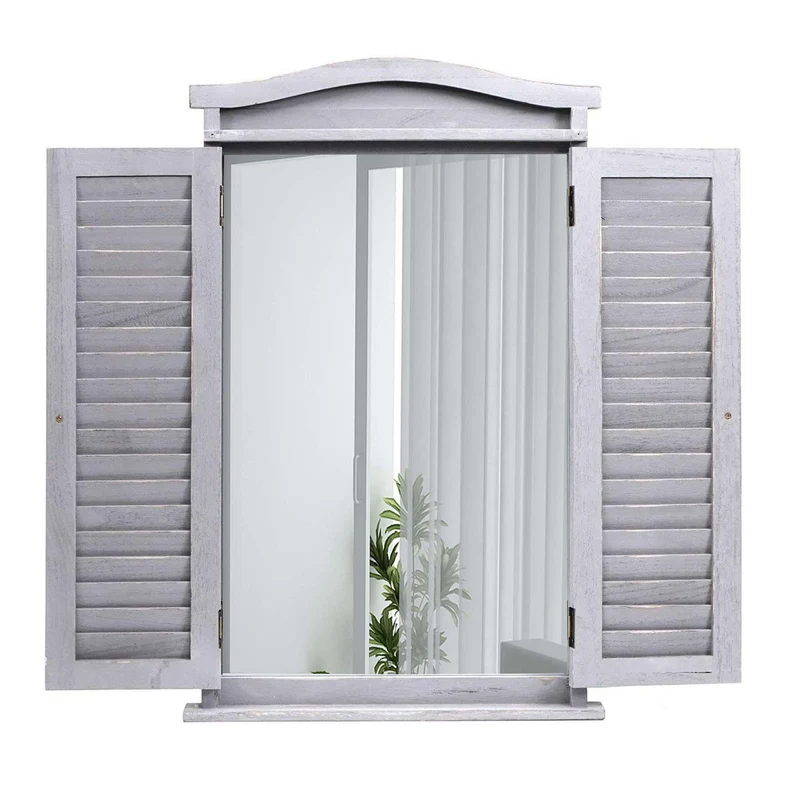 Miroir mural avec volets en bois gris – 71×46×5 cm – Style vintage pour salle de bain, entrée ou salon 04_0007889