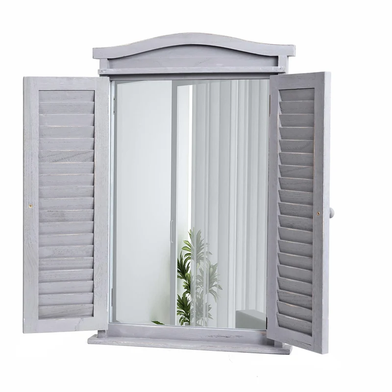 Miroir mural avec volets en bois gris – 71×46×5 cm – Style vintage pour salle de bain, entrée ou salon 04_0007889