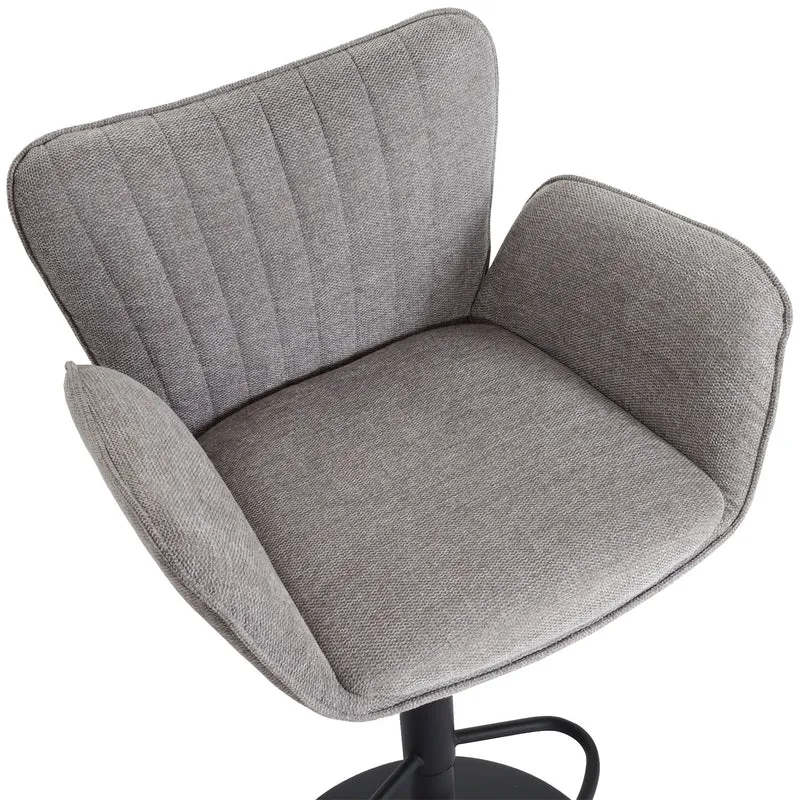 Lot de 2 tabourets de bar Tissu gris clair – Structure en fer noir – Accoudoirs – Repose-pieds – Pivotants à 360° – Réglables en hauteur 04_0007466