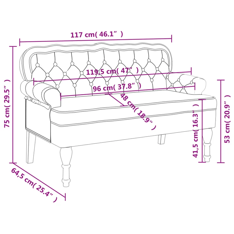 Banc canapé avec dossier capitonné accoudoirs 119,5 x 64,5 x 75 cm en velours rose DEC024658