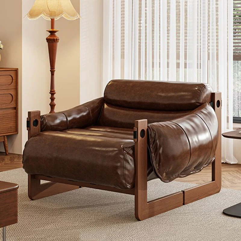 Contemporary Retro Oil Wax Leather Microfiber Leather Genuine Leather Rubberwood Square Accent Chair Backrest Armrest For Living Room