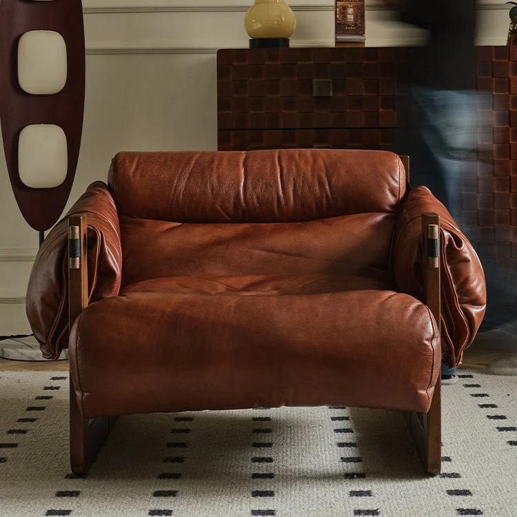 Contemporary Retro Oil Wax Leather Microfiber Leather Genuine Leather Rubberwood Square Accent Chair Backrest Armrest For Living Room