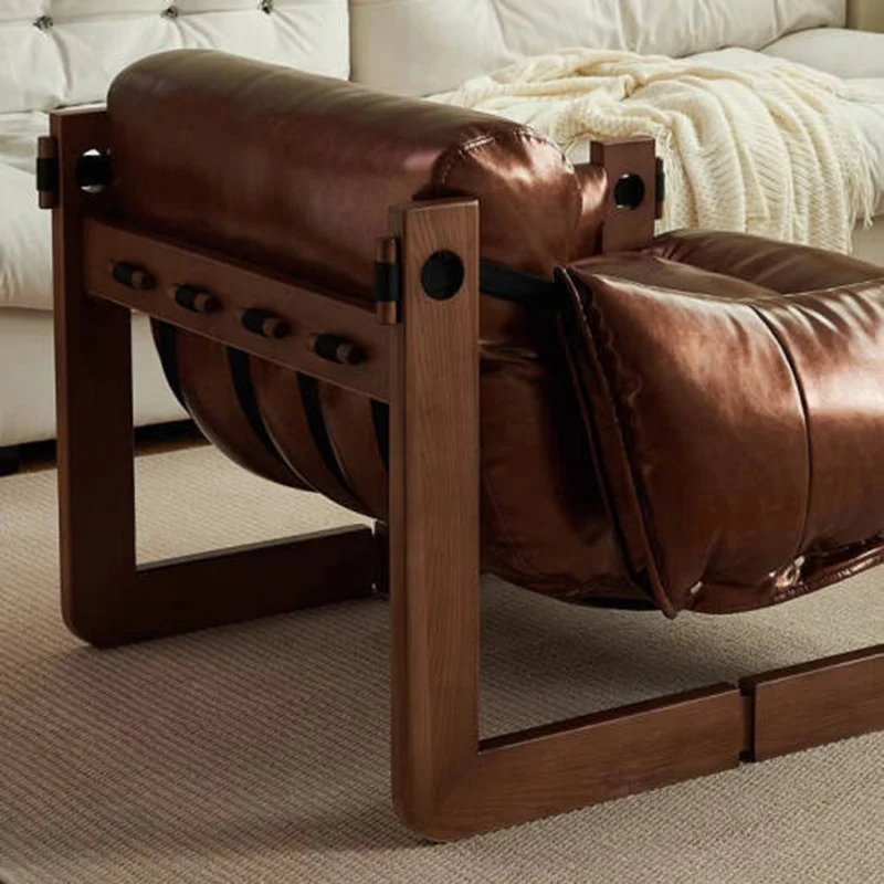 Contemporary Retro Oil Wax Leather Microfiber Leather Genuine Leather Rubberwood Square Accent Chair Backrest Armrest For Living Room