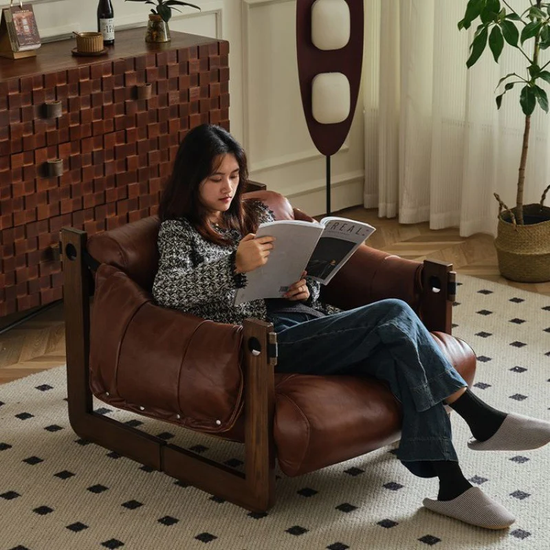 Contemporary Retro Oil Wax Leather Microfiber Leather Genuine Leather Rubberwood Square Accent Chair Backrest Armrest For Living Room