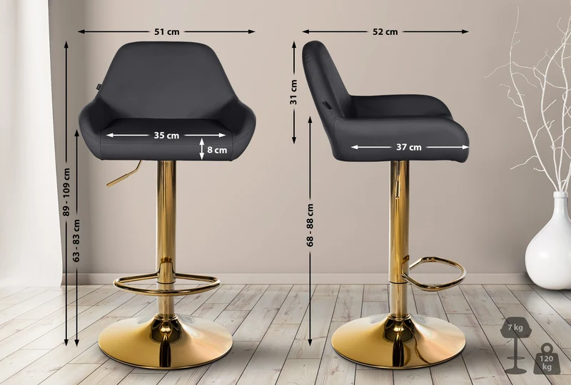 Lot de 2 tabourets de bar repose-pieds en forme d'arc en métal doré assise en PVC noir TDB10803
