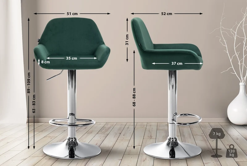 Lot de 2 tabourets de bar repose-pieds en forme d'arc en métal chromé assise en velours vert foncé 10_0004032