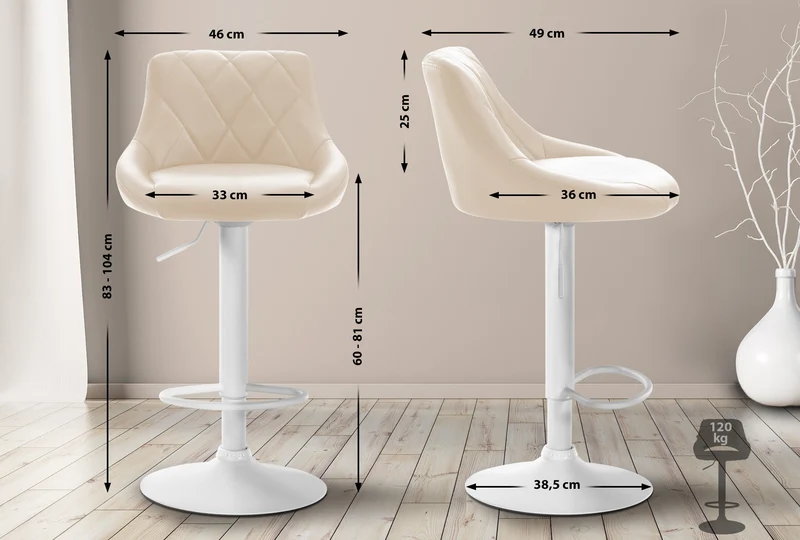 Tabouret de bar en synthétique crème pivotant avec repose-pieds métal blanc coutures décoratives TDB10591