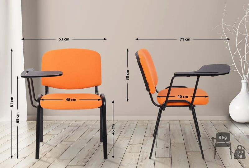 Chaise visiteur zone d'attente avec une petite table rabattable en tissu orange piètement à 4 pieds en métal 10_0002769